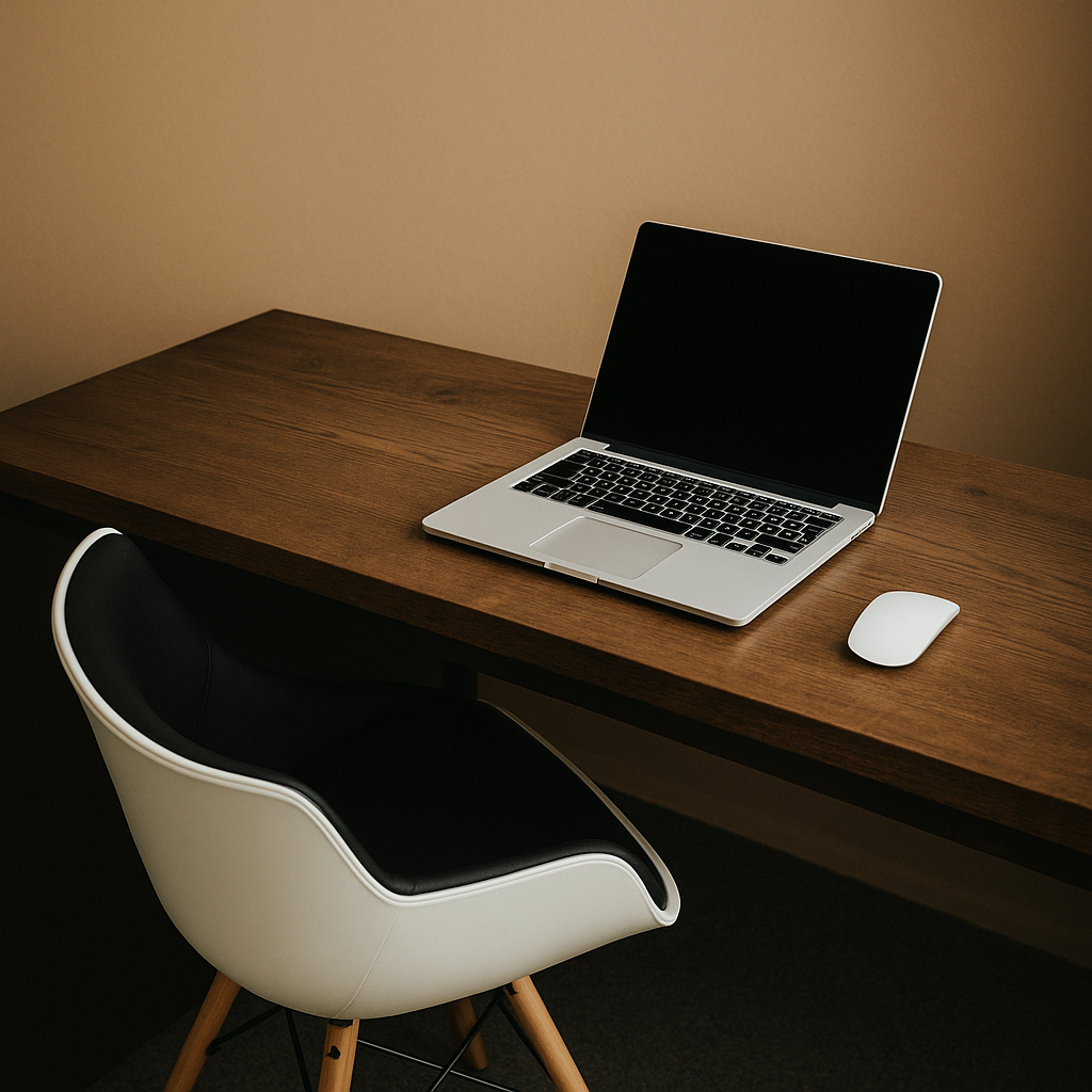 Showroom desk with laptop and chair